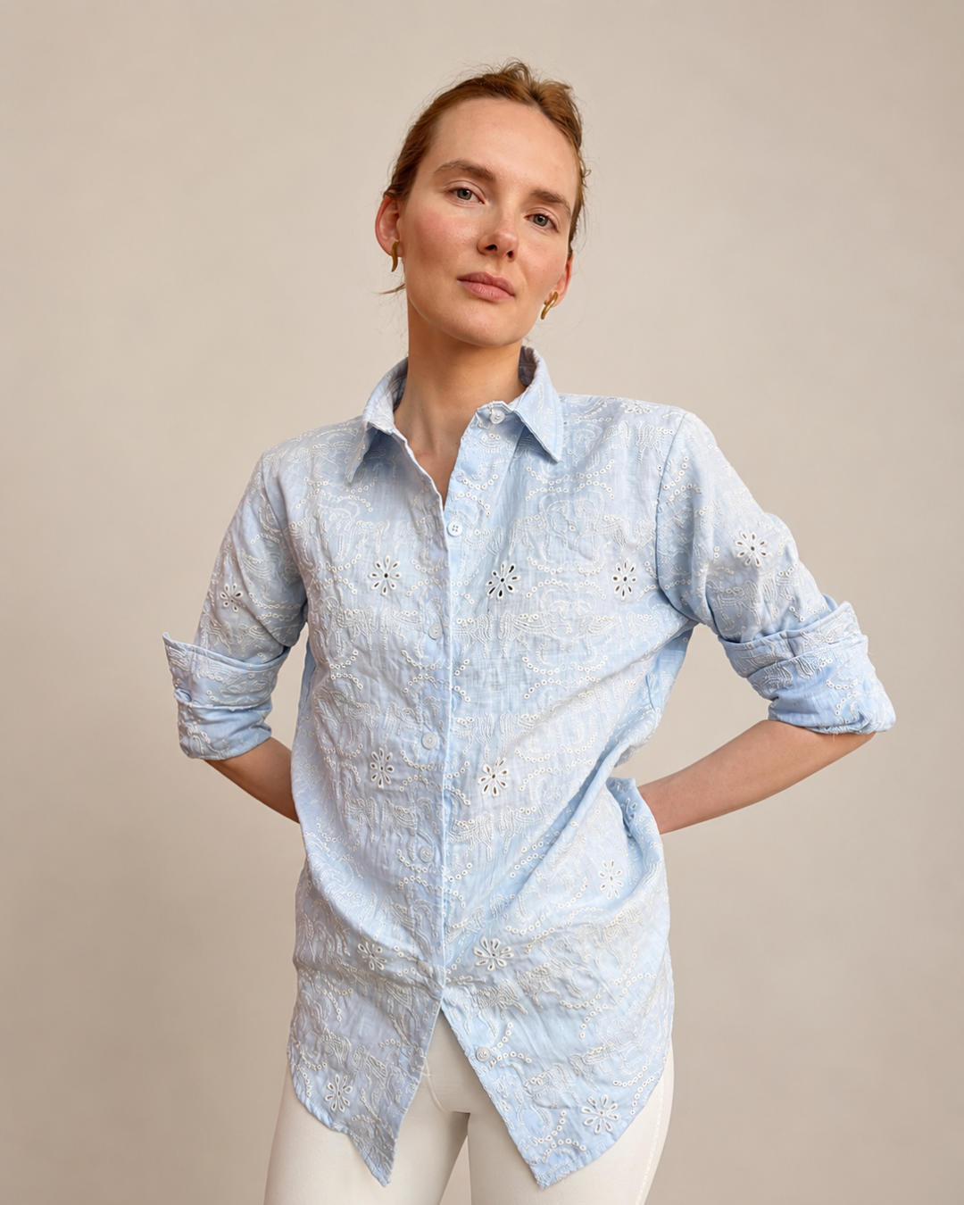 Clara Embroidered Linen Shirt | Powder Blue