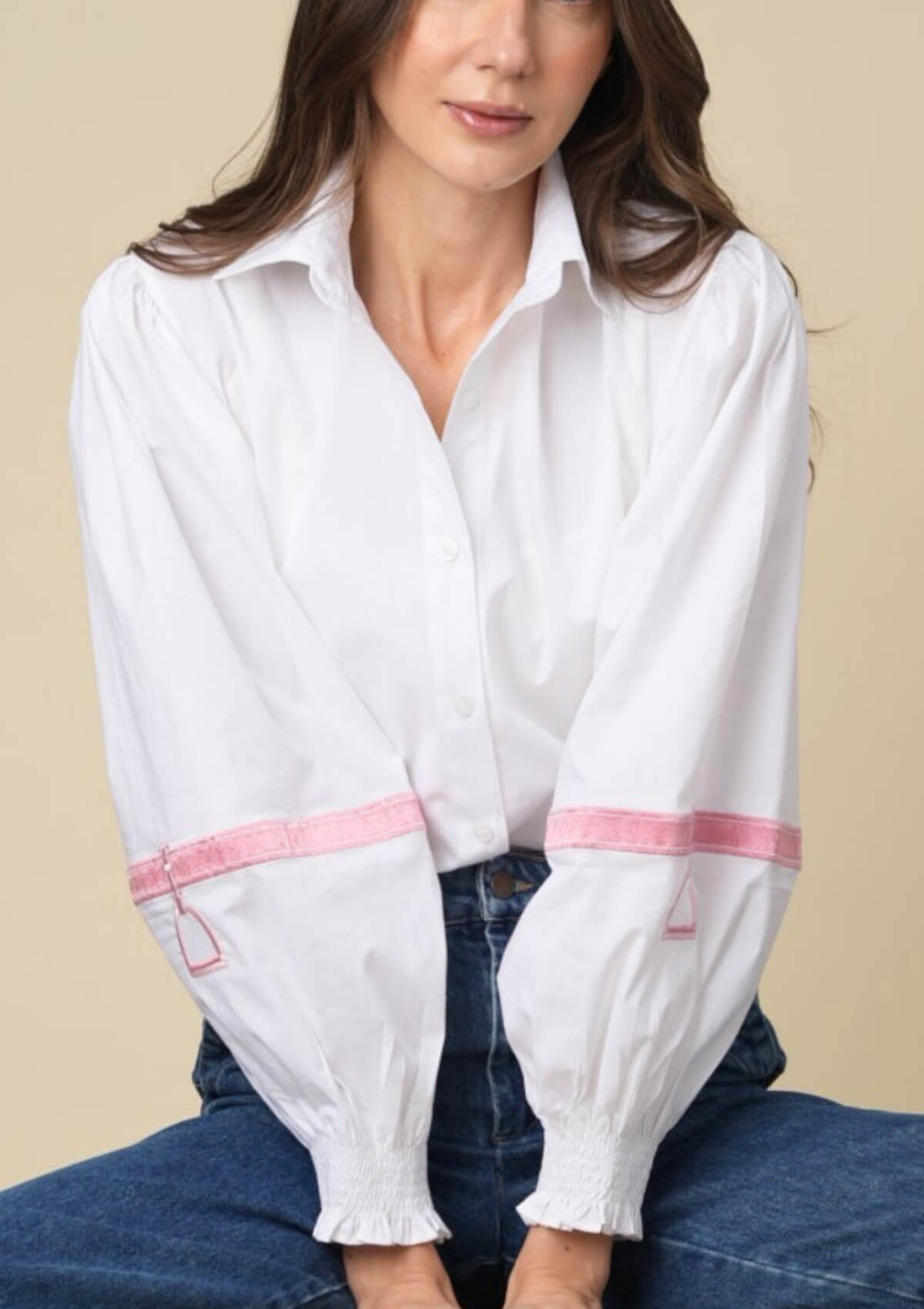 Connie Shirt | White | Embroidered Blue Stirrup