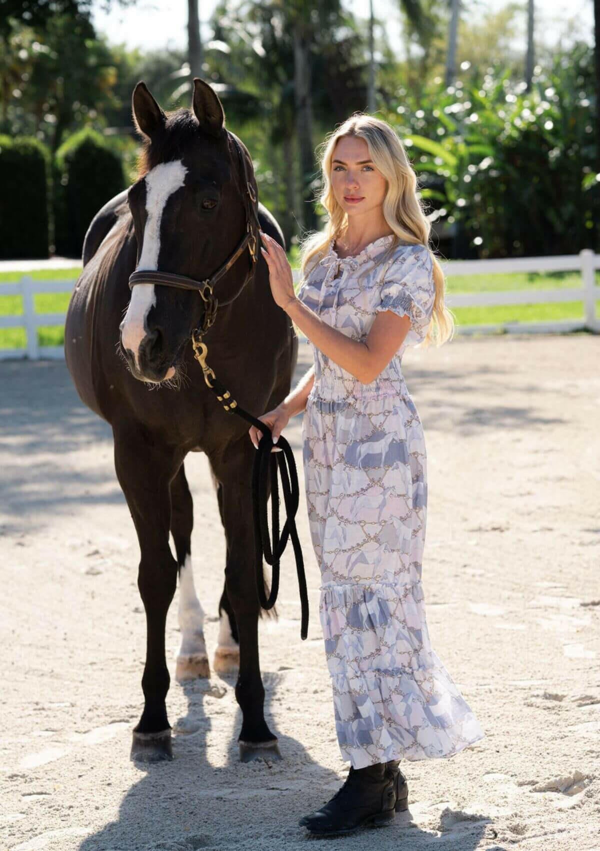 Amelie Linen Long Dress | Geo Horses Print | Pastel