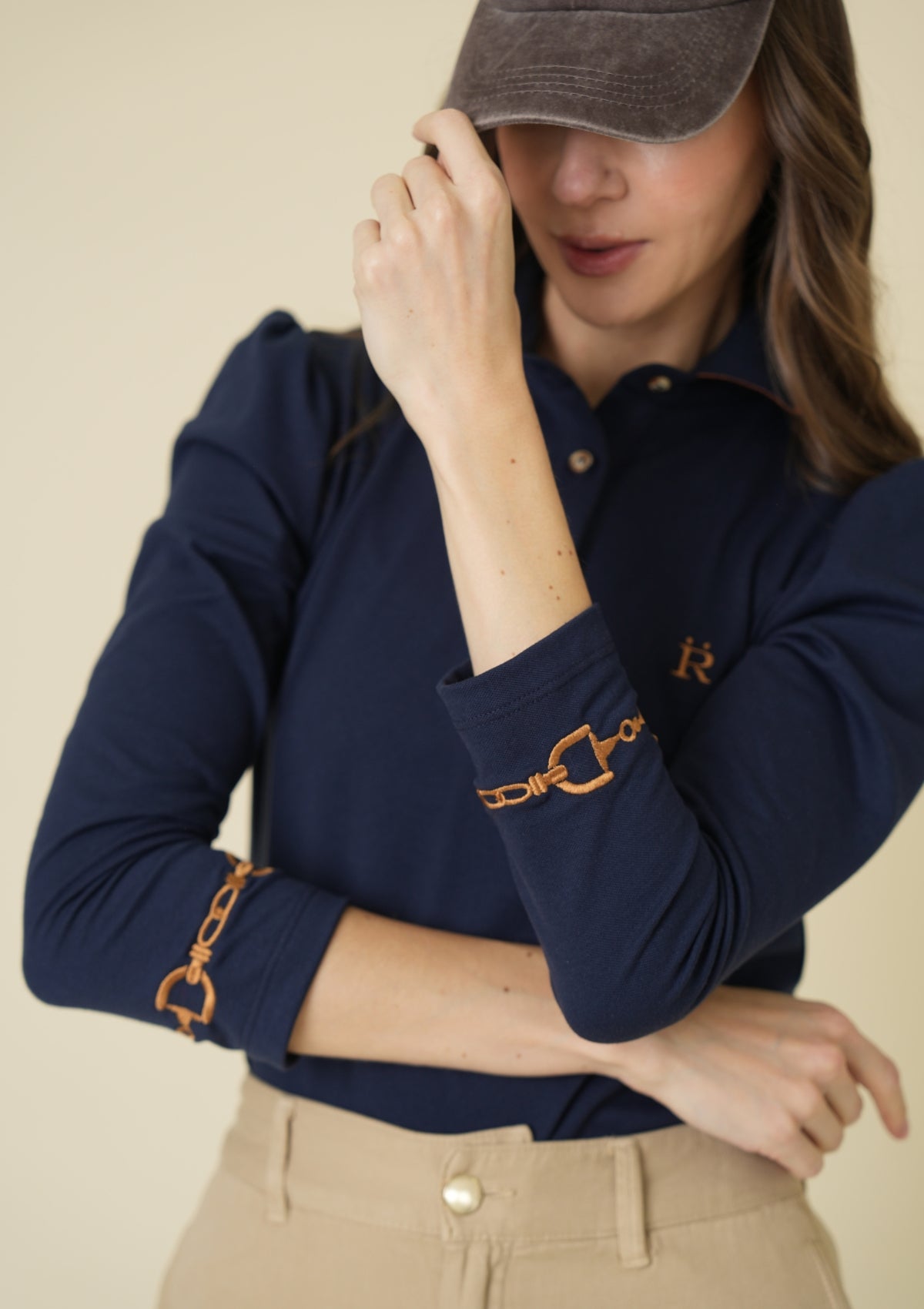 The Equestrian Polo-Shirt | Long Sleeve | Navy with Cognac