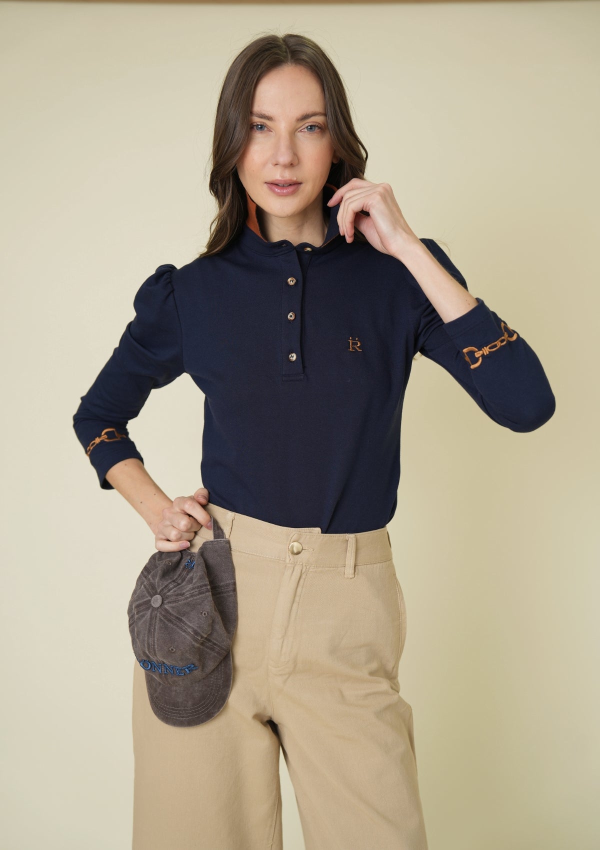 The Equestrian Polo-Shirt | Long Sleeve | Navy with Cognac