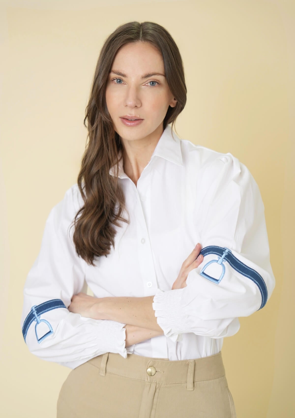Connie Shirt | White | Embroidered Blue Stirrup