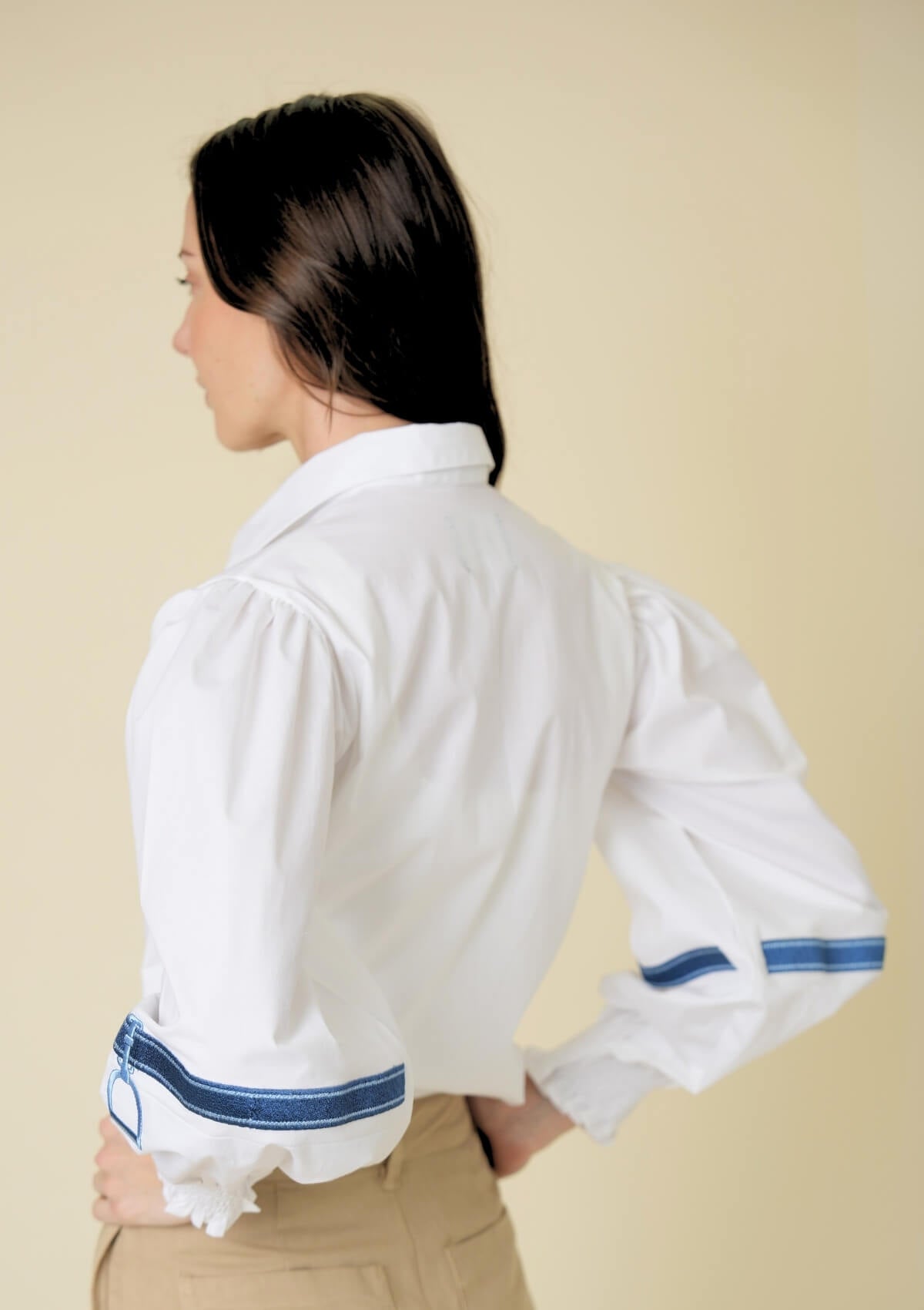 Connie Shirt | White | Embroidered Blue Stirrup