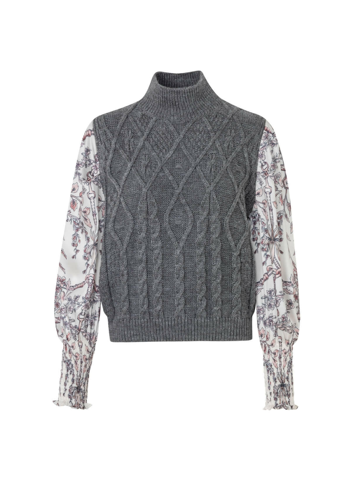 Ellie Cable Knit Sweater | Equiflora Print Sleeves | Grey