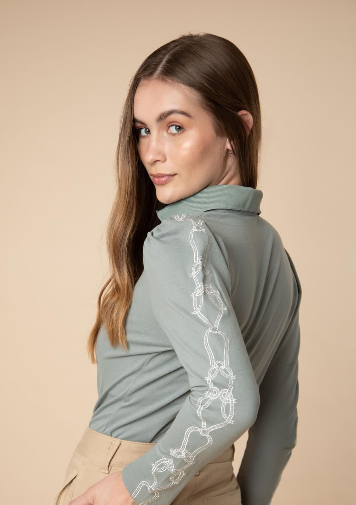 Elise Polo-Shirt | Long Sleeves Embroidered | Sage