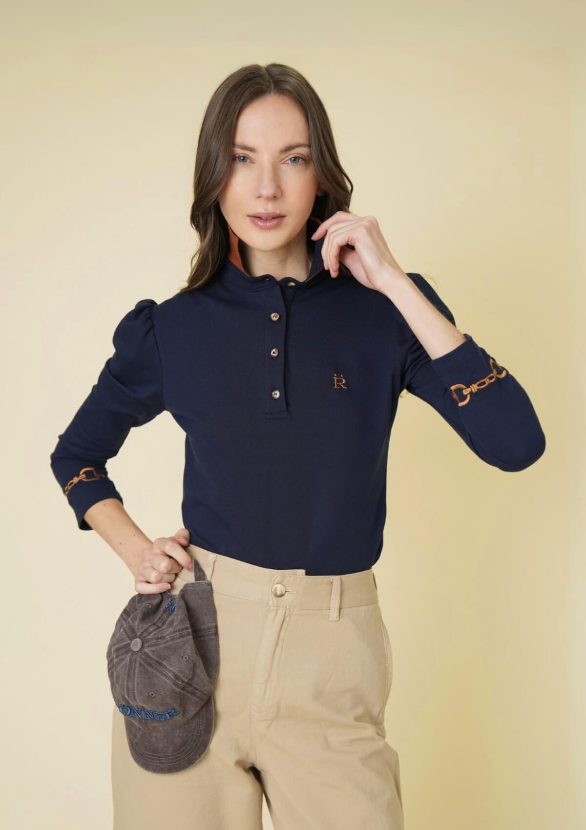 The Equestrian Polo-Shirt | Long Sleeve | Navy & Cognac