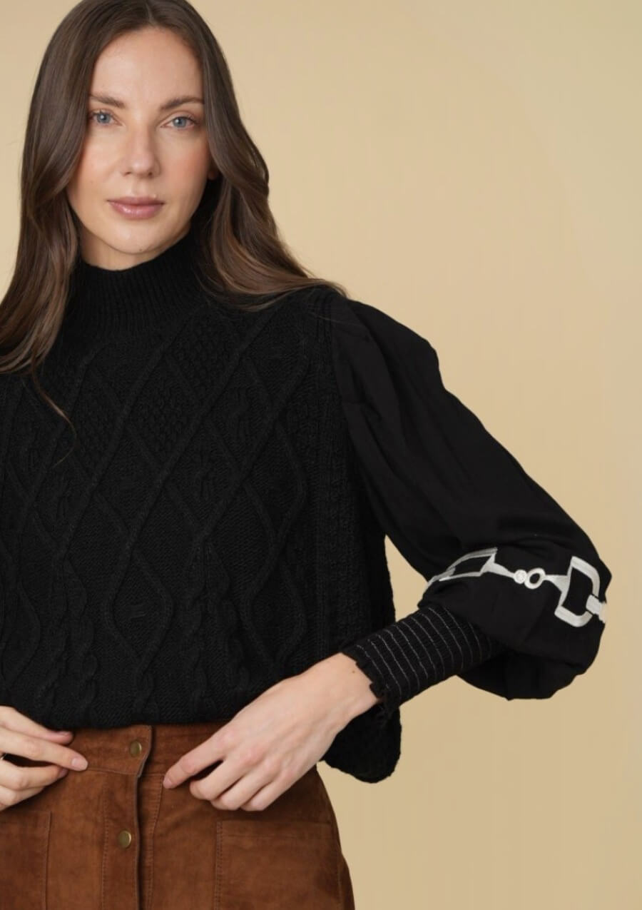 Ellie Cable Knit Sweater | Embroidered | Black