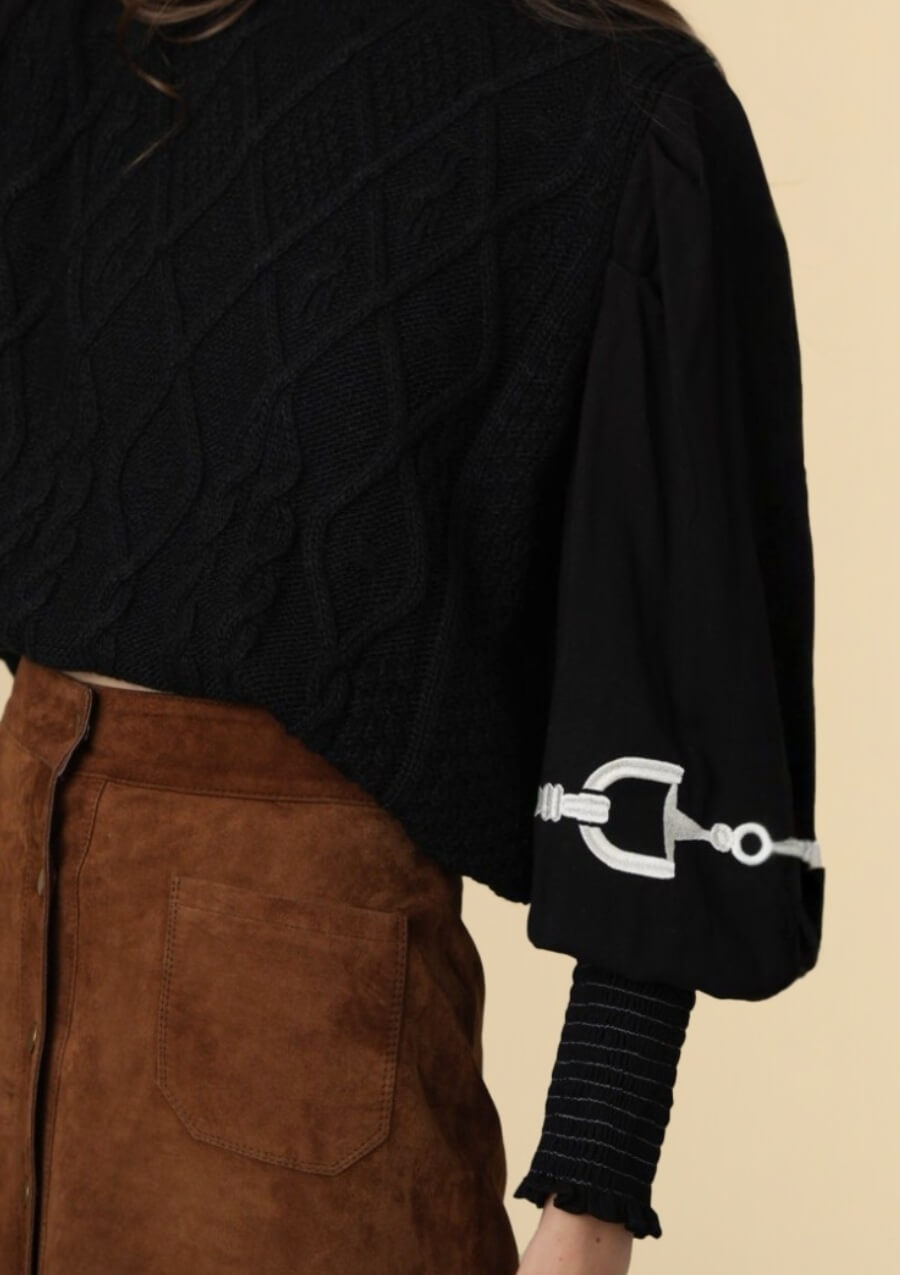 Ellie Cable Knit Sweater | Embroidered | Black