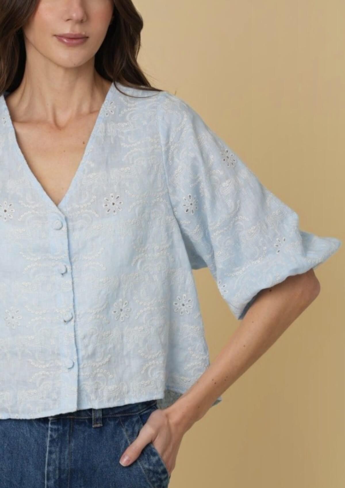 Alma Linen Blouse | Embroidered | Baby Blue