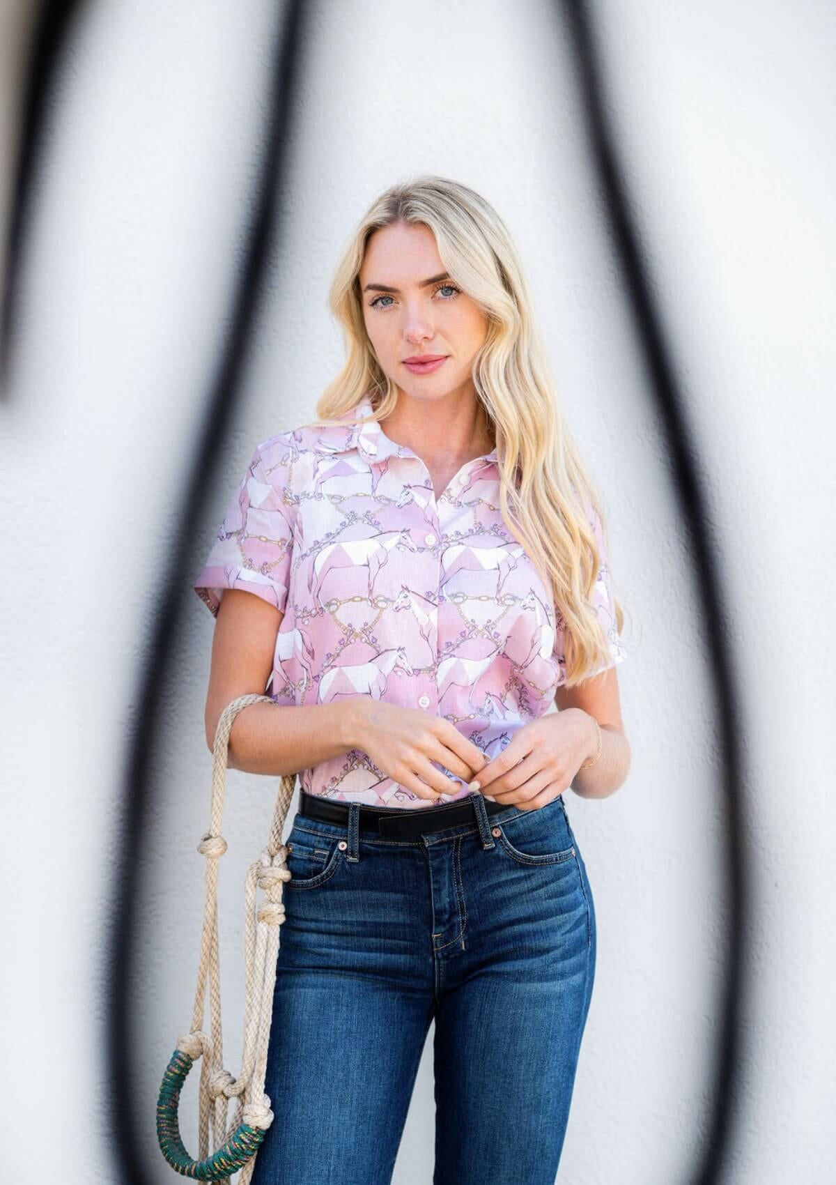 Basic Linen Shirt | Short Sleeve | Geo Horses Print | Rose