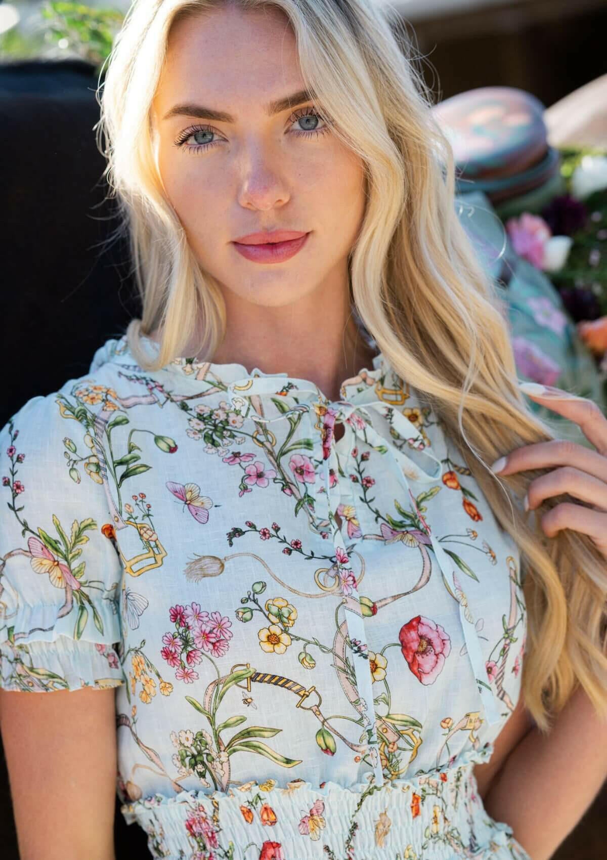 Amelie Linen Short Dress | Herbaria Print | Aqua