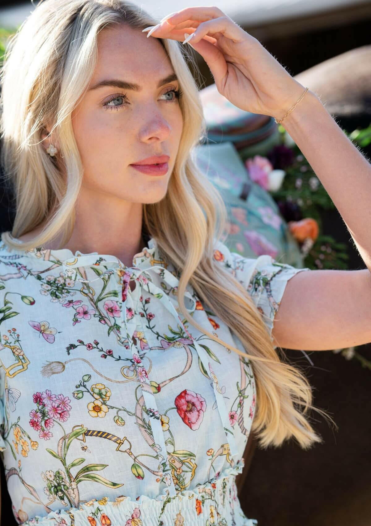 Amelie Linen Short Dress | Herbaria Print | Aqua