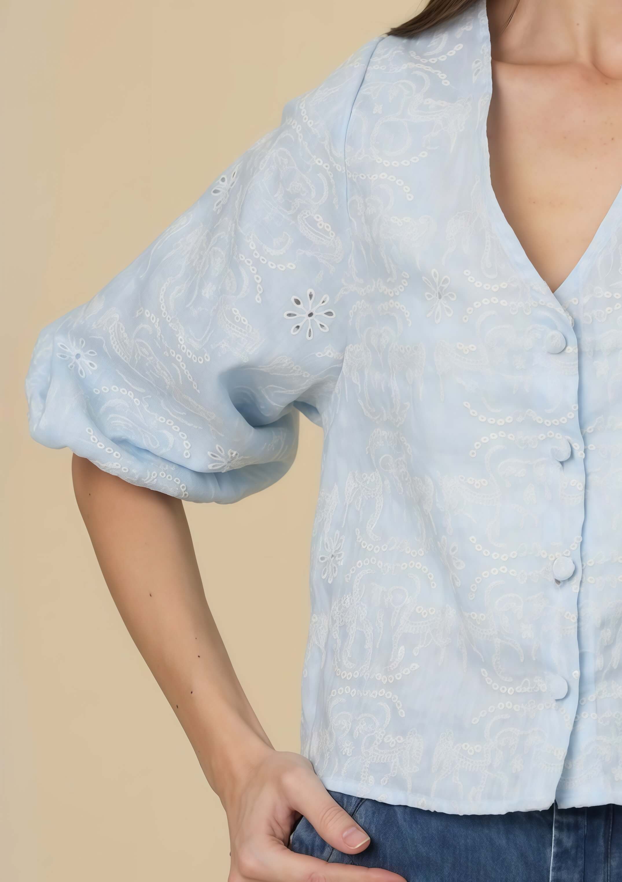 Alma Linen Blouse | Embroidered | Baby Blue