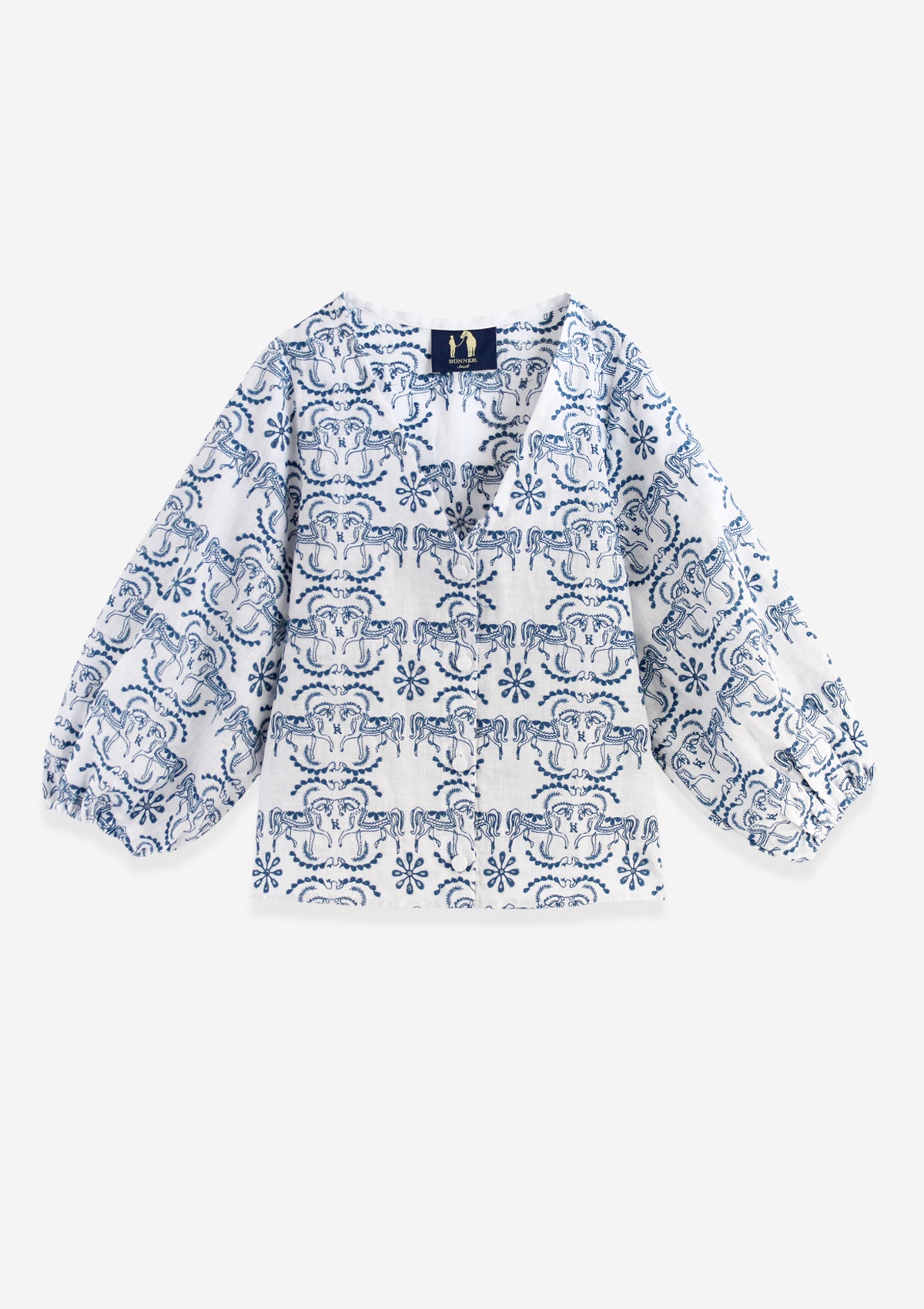 Alma Linen Blouse | Embroidered | White & Blue