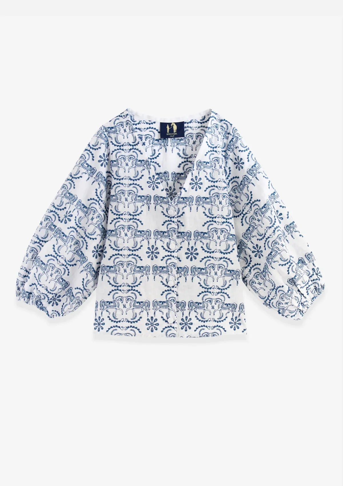 Alma Linen Blouse | Embroidered | White & Blue - Rönner
