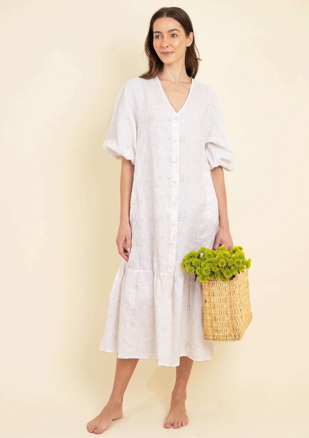 Amelia Dress | Embroidered Linen- Cream - Rönner