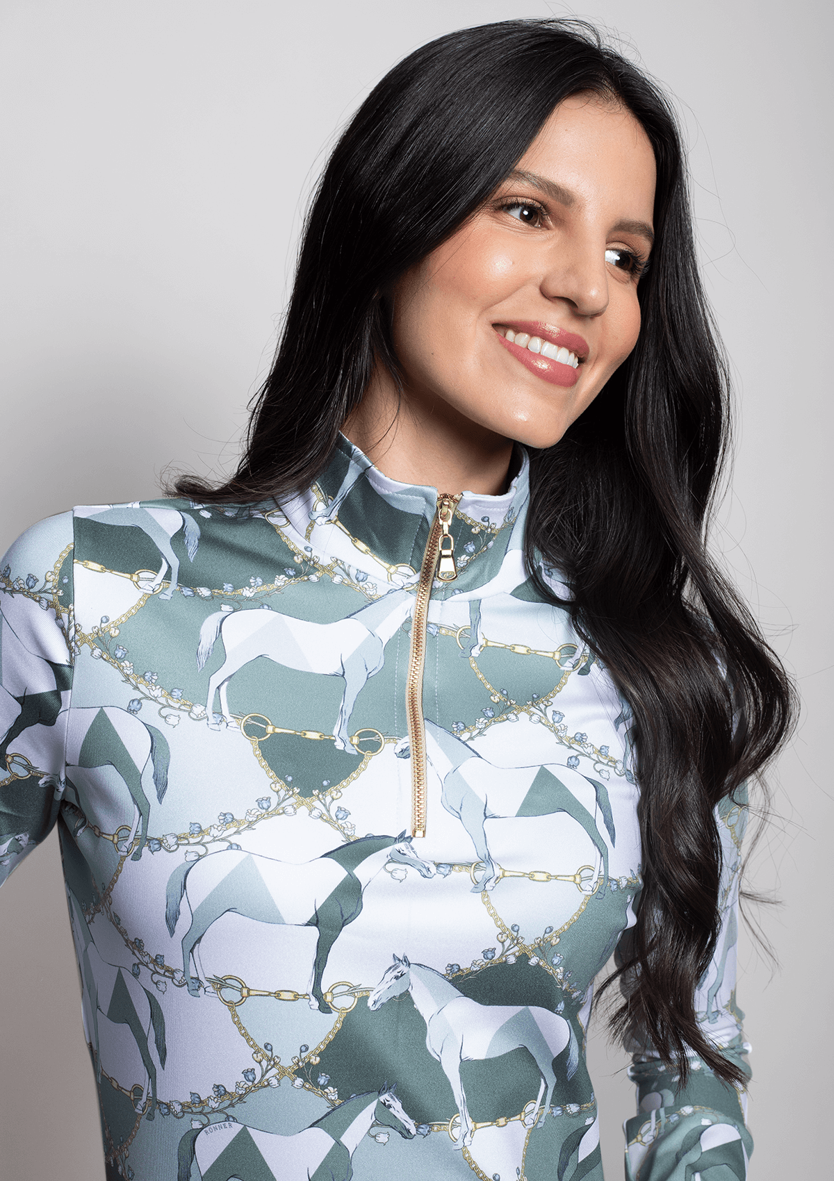 Clara Q-Zip | Long Sleeve | Geo Horses Print | Green
