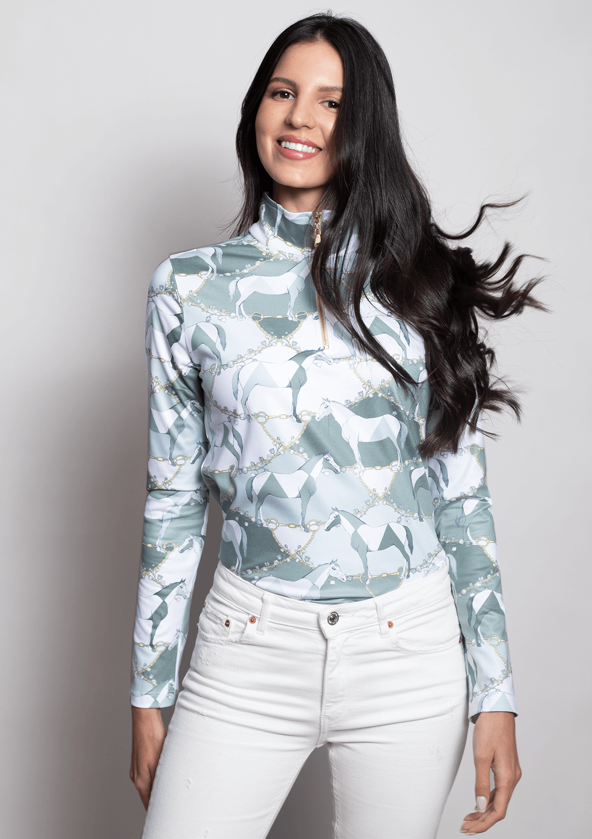Clara Q-Zip | Long Sleeve | Geo Horses Print | Green