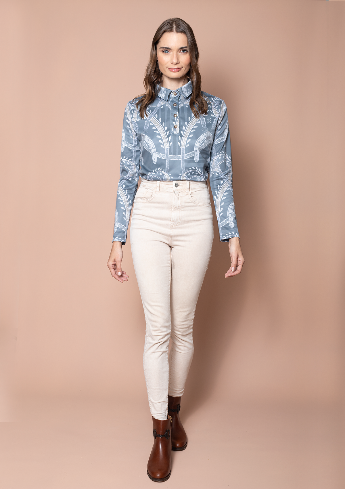 Harmony Polo-Shirt Long Sleeve Hoofprint Print | Ashen