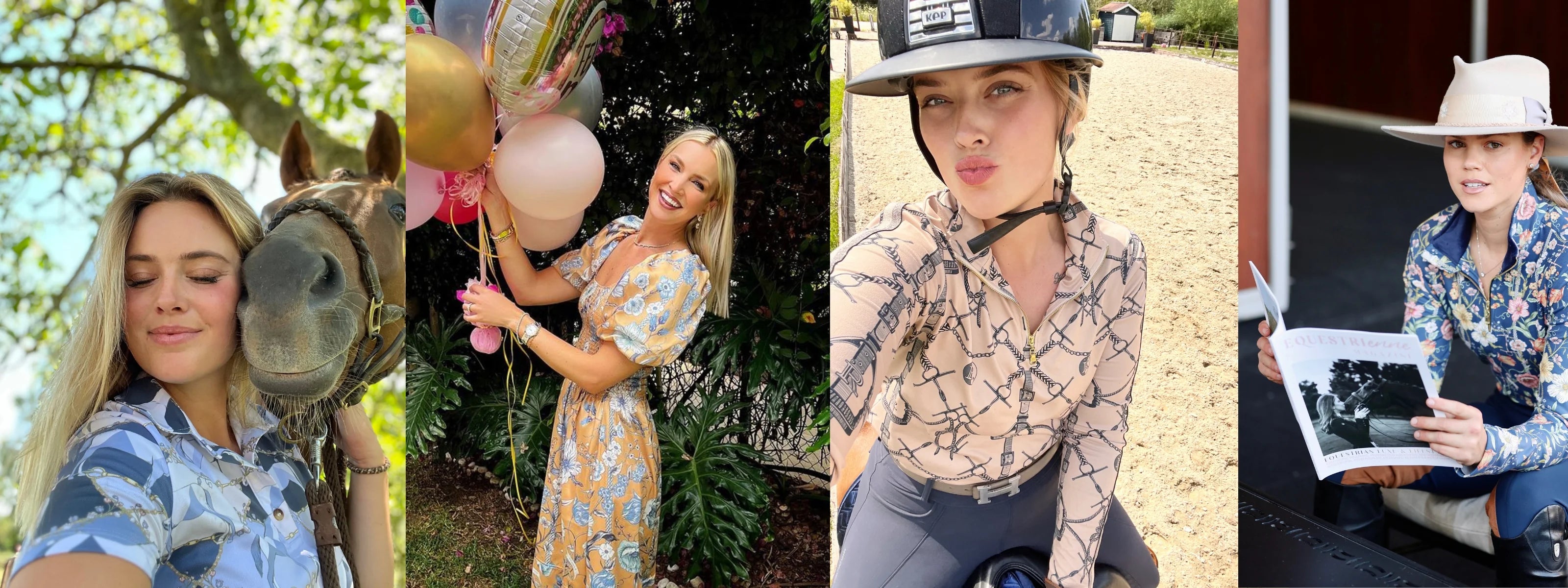 Collage of a woman in various settings including with a horse, holding balloons, and outdoors.