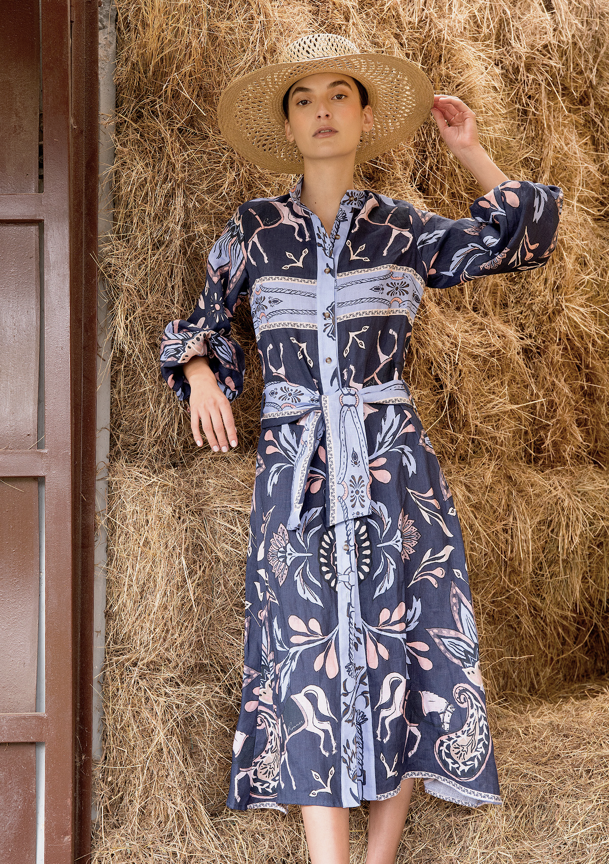 Penelope Linen Midi Dress | Lilyrose Print | Navy