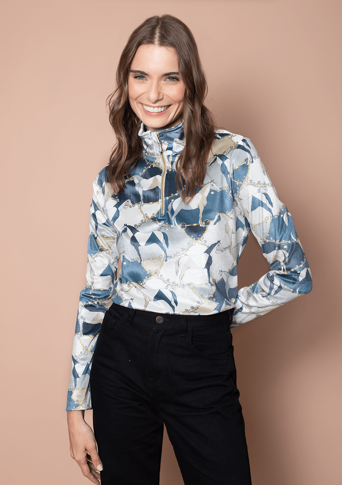 Velour Q-Zip Velvet Stretch | Long Sleeve | Geo Horses Print | Navy