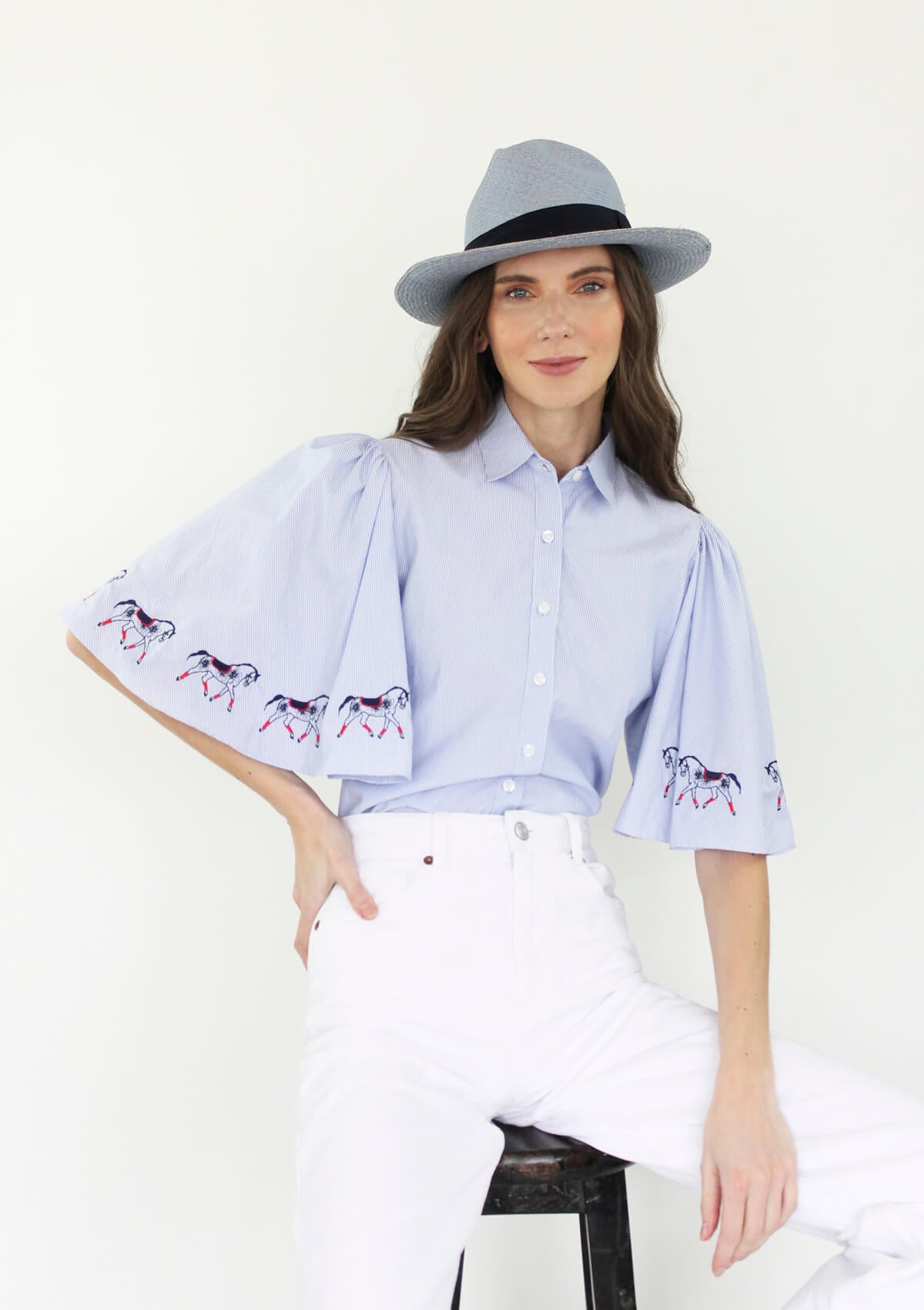 Simone Blouse | Embroidered Sleeves | Blue