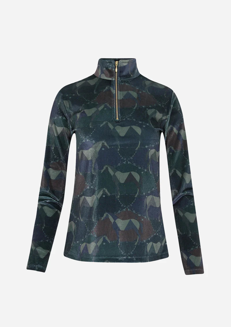 Velour Quarter-Zip Velvet Stretch | Long Sleeve | Geo Horses Green