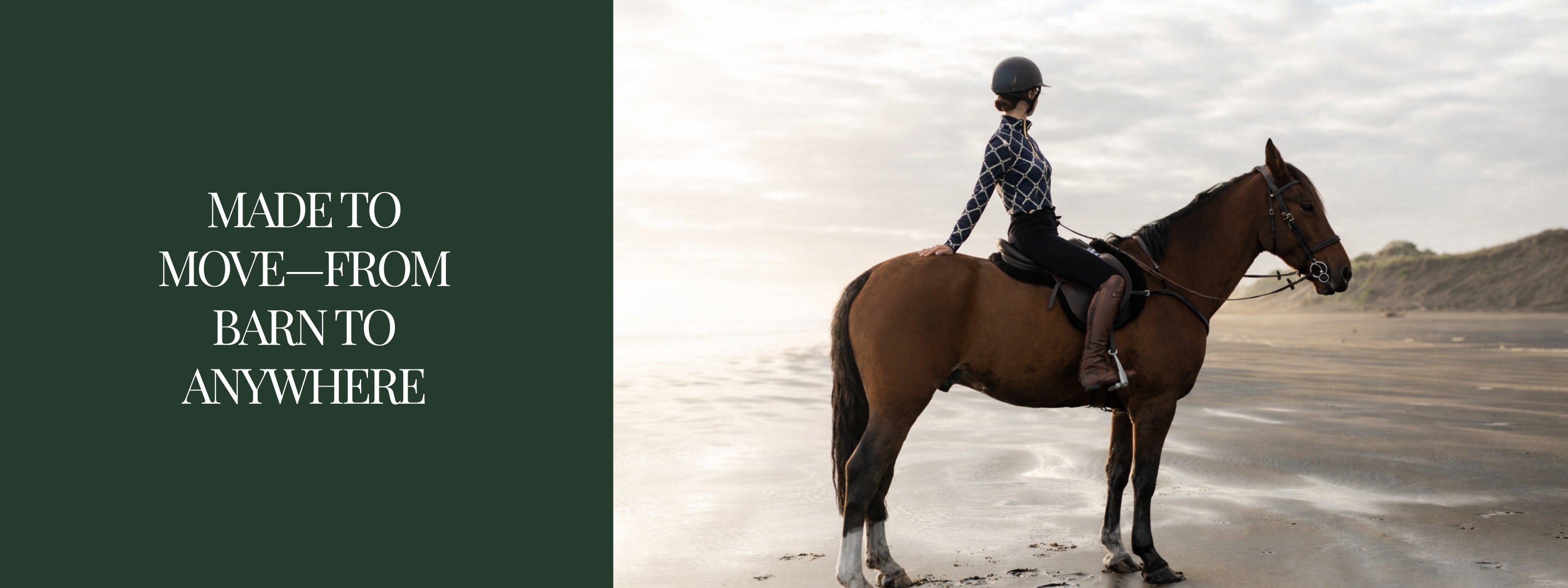 Person riding a horse on a beach with text 'MADE TO MOVE—from BARV TO ANYWHERE' on a green background
