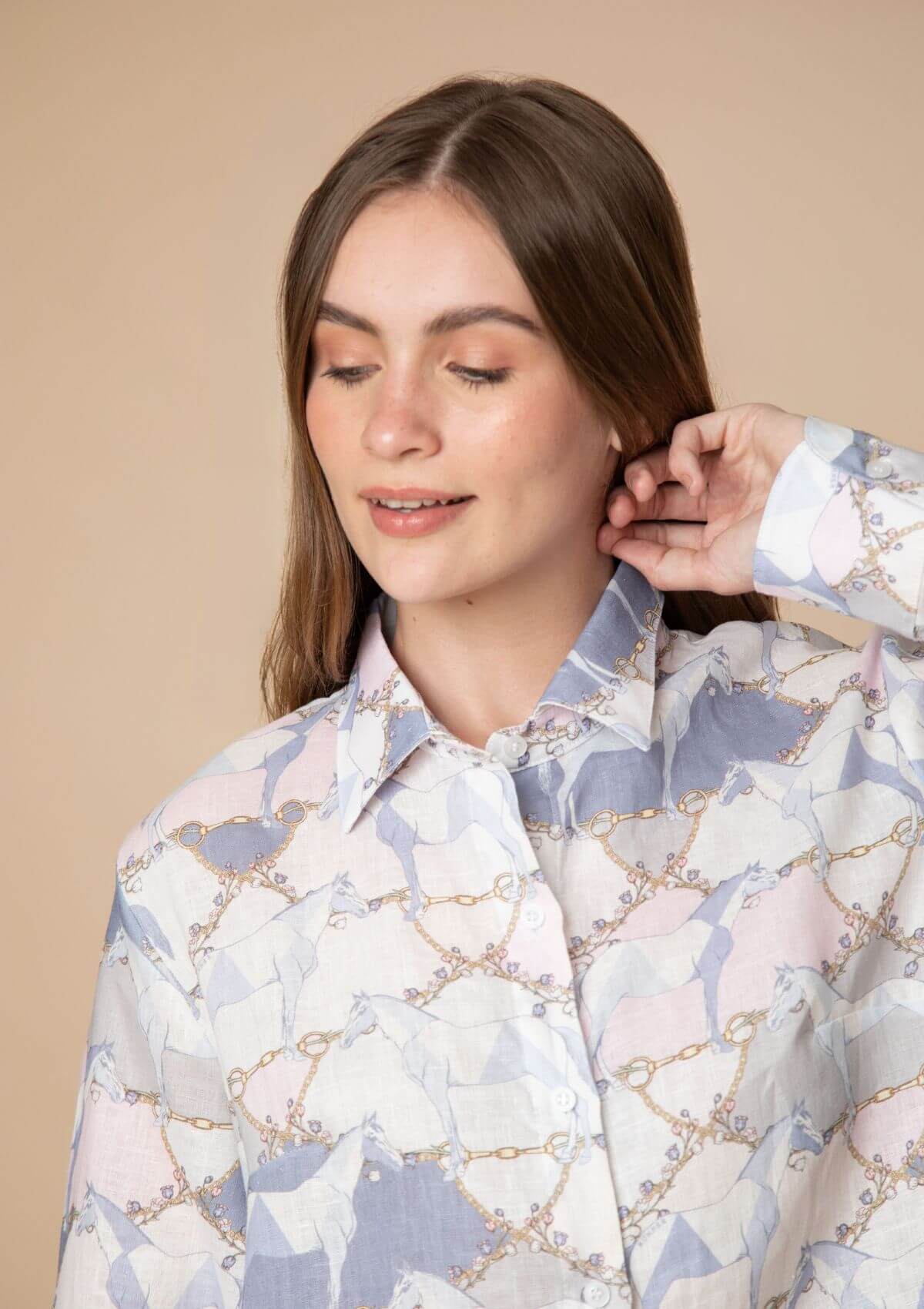 Basic Linen Shirt | Geo Horses Print | Pastel