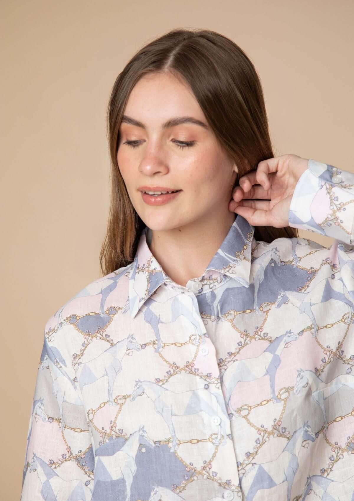 Basic Linen Shirt | Geo Horses Print | Pastel - RönnerXS