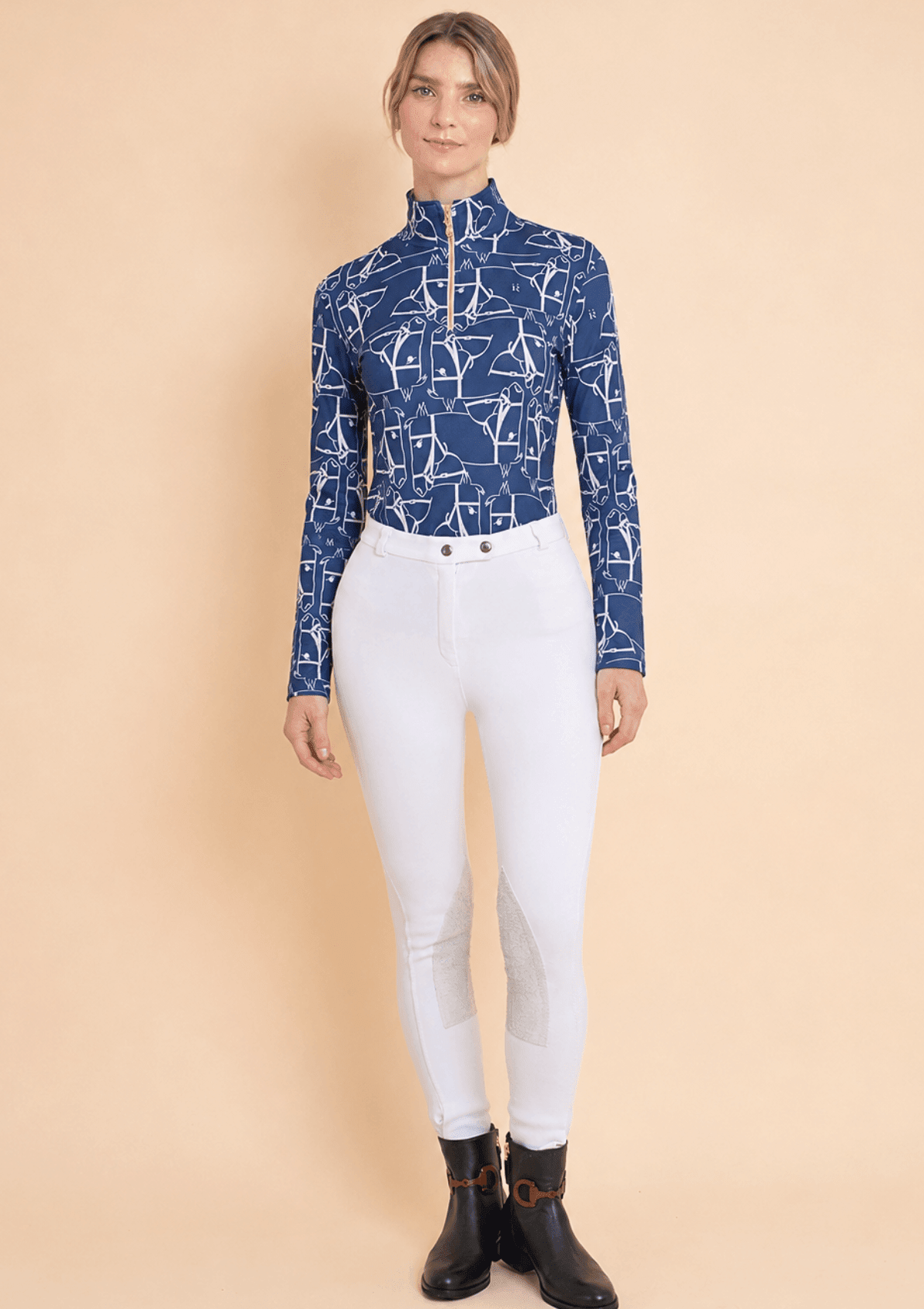 Bliss Q - zip Sunshirt | Long Sleeve | Cheval Print | Navy - RönnerShirtX