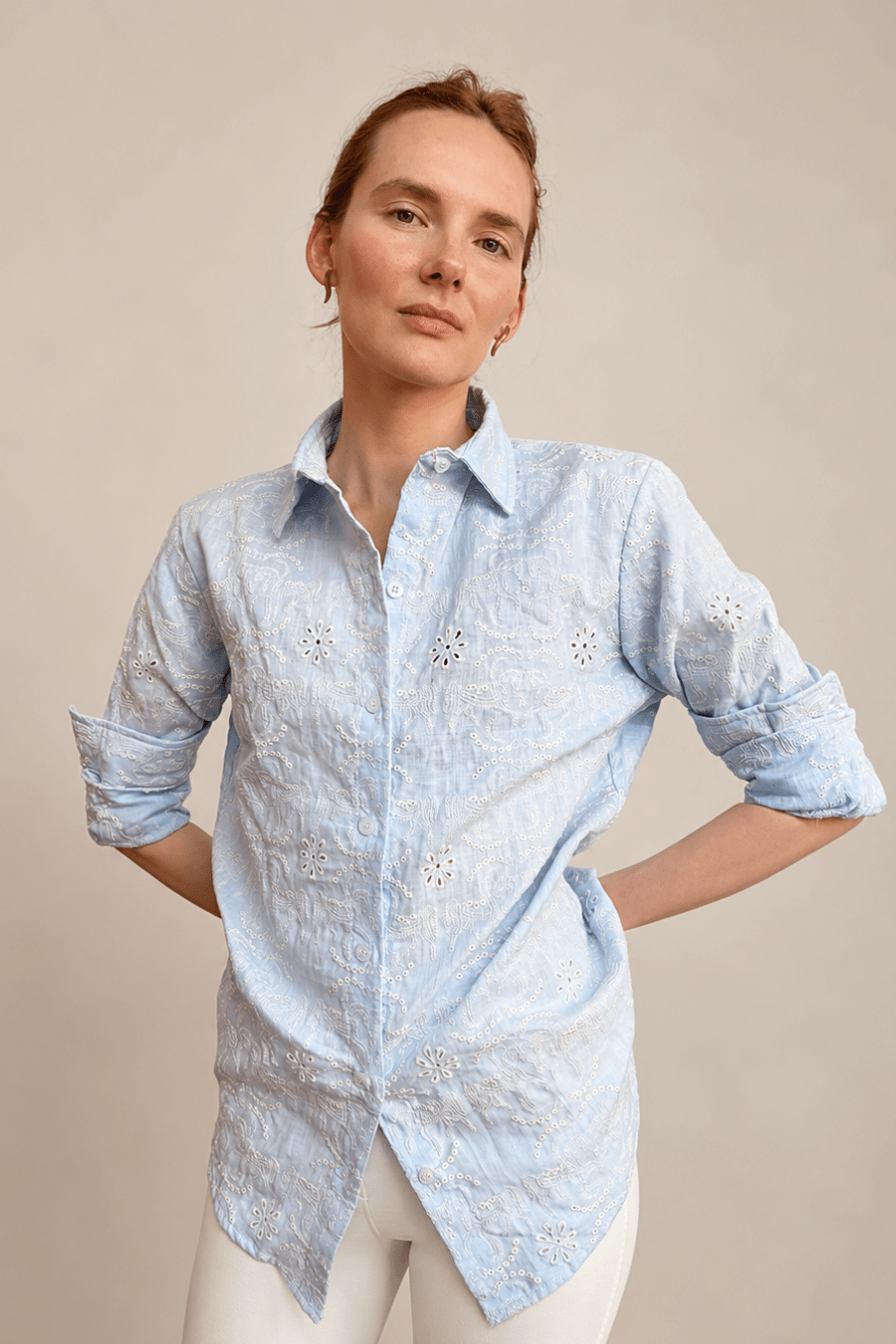 Clara Embroidered Linen Shirt | Powder Blue - RönnerXS