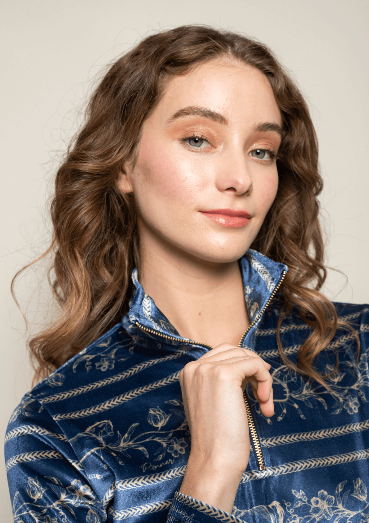 Velour Q-Zip Velvet Stretch | Long Sleeve | Dancing Horses Print | Navy