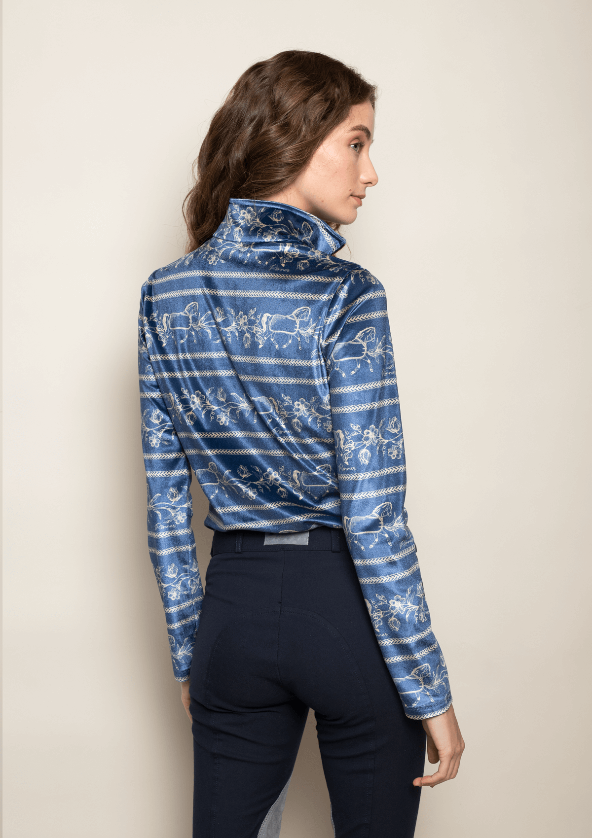Velour Q-Zip Velvet Stretch | Long Sleeve | Dancing Horses Print | Navy