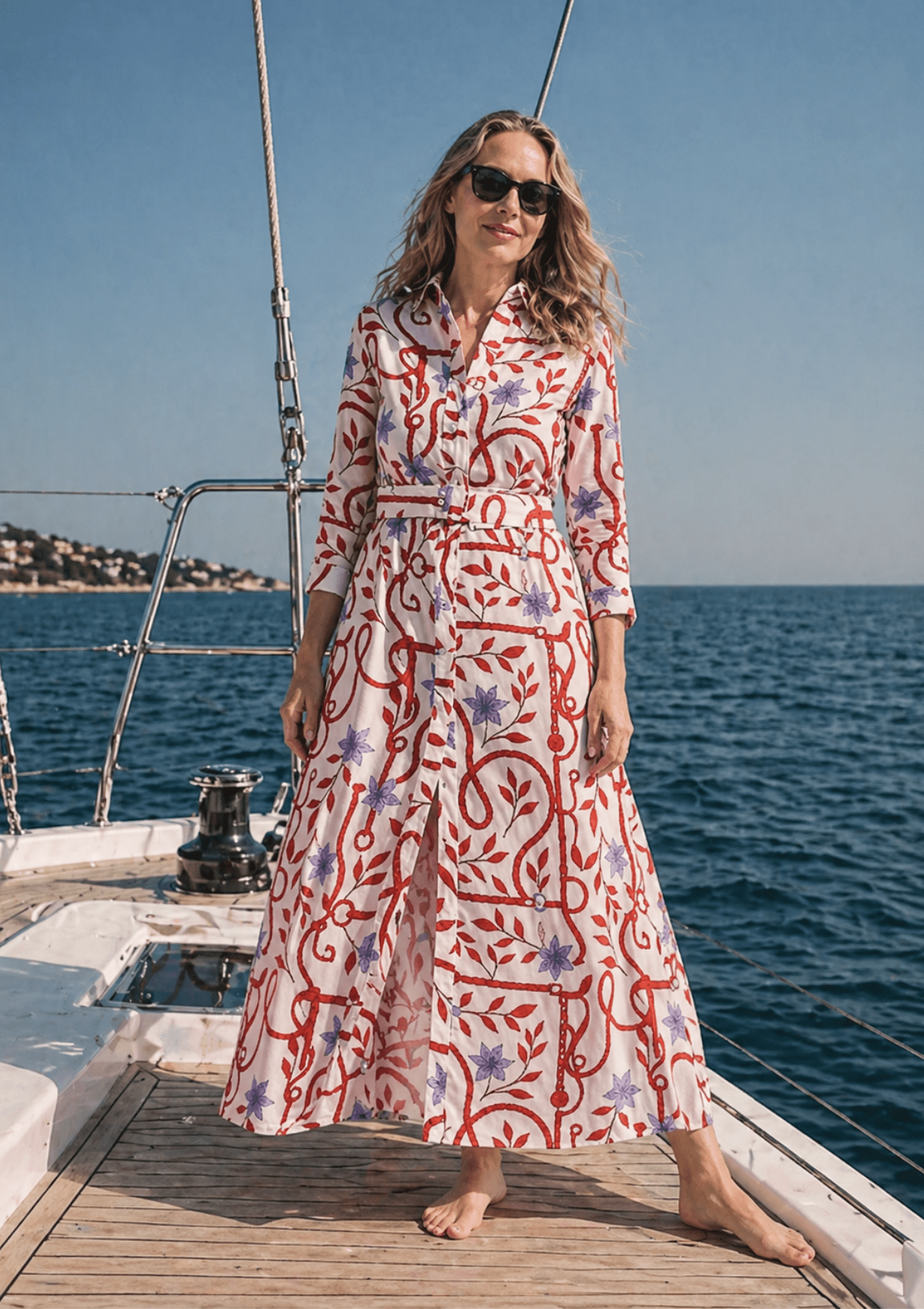 Dimache Linen Dress |Ropes Print - White & Red - RönnerDressXS