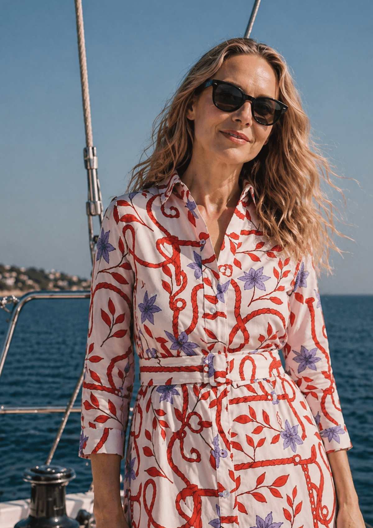 Dimache Linen Dress |Ropes Print - White & Red - RönnerDressXS