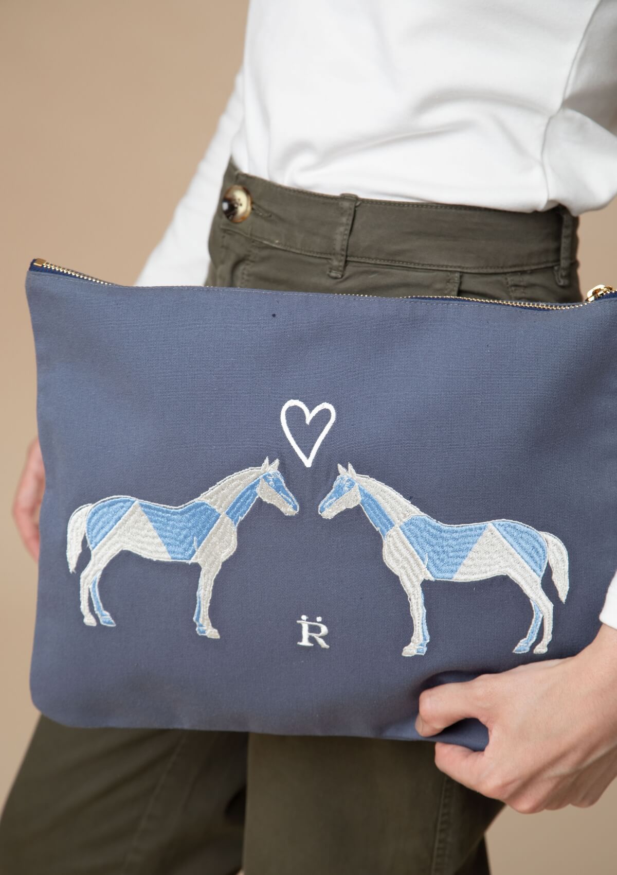 Geo Horses Embroidered Pouch | Blue