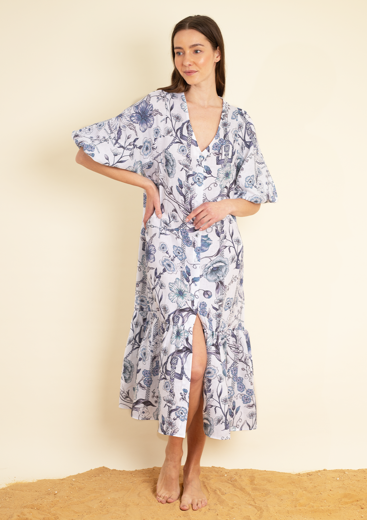 Harper Linen Dress | Botany Print Navy - Rönner