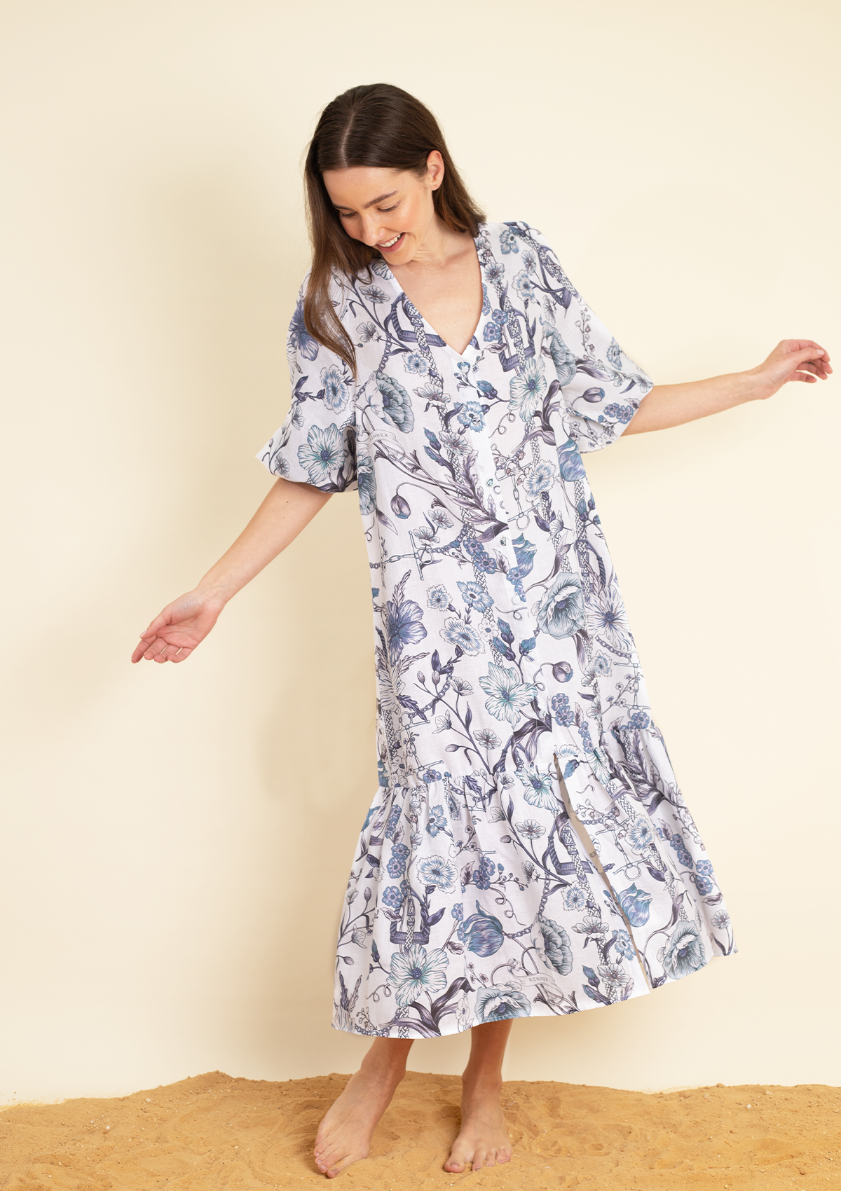 Harper Linen Dress | Botany Print Navy - Rönner