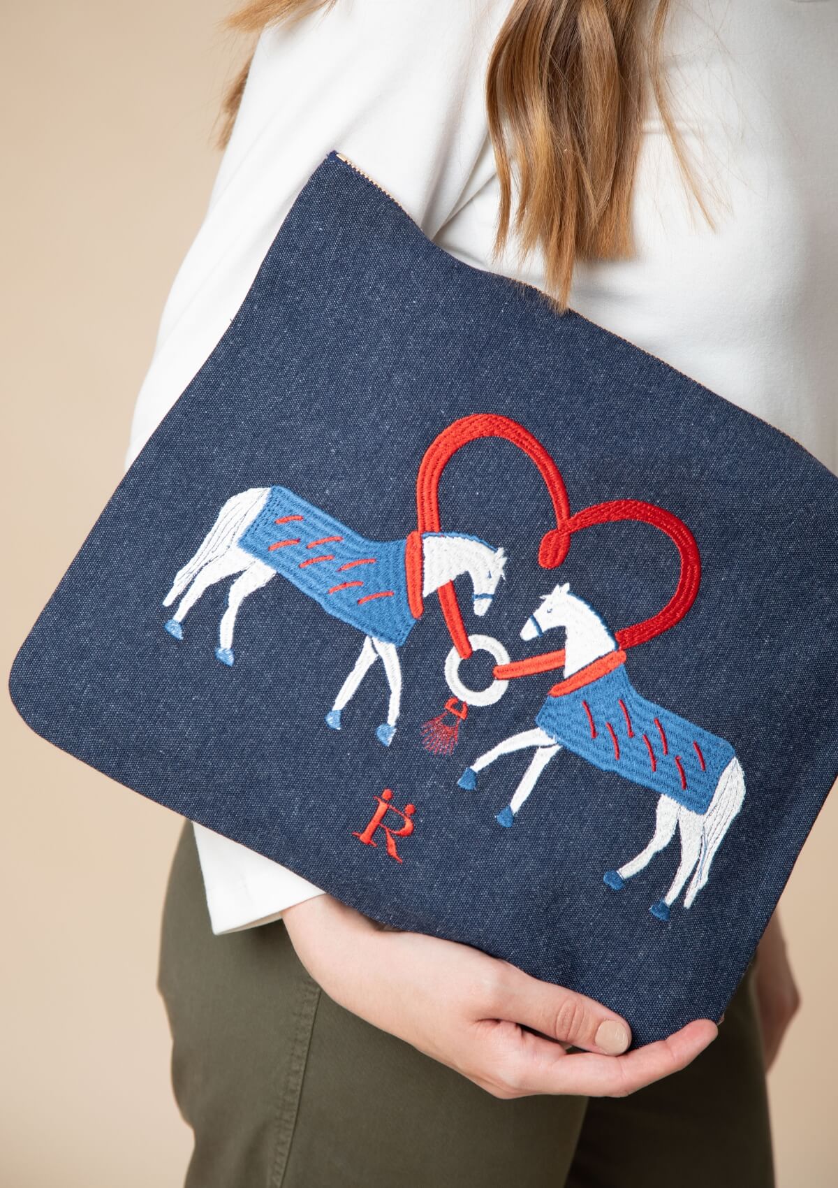 Horse Kiss Embroidered Pouch | Blue - RönnerPouchBlue