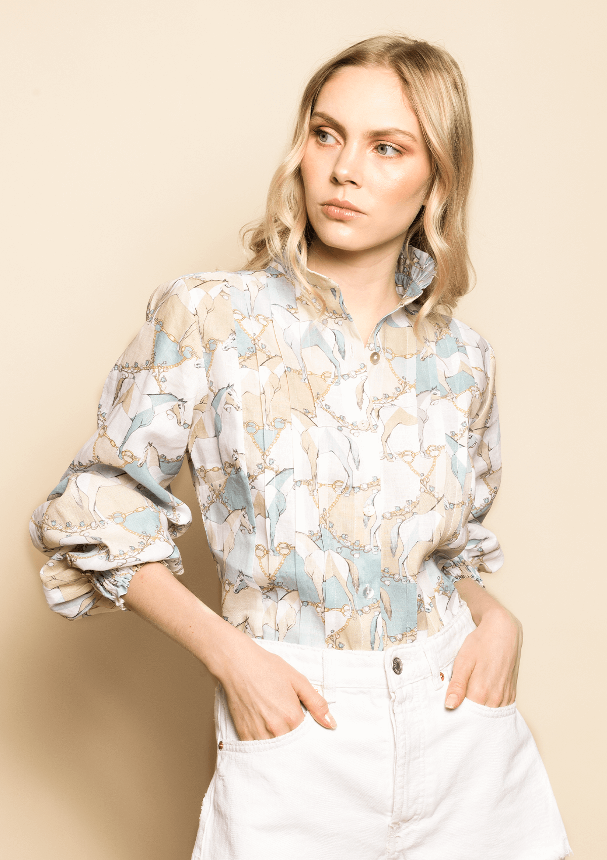 Calypso Linen Blouse | Geo Horses Print | Celeste