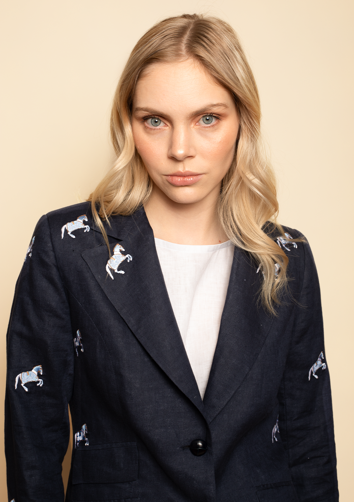 Linen Embroidered Blazer | Navy - Rönner