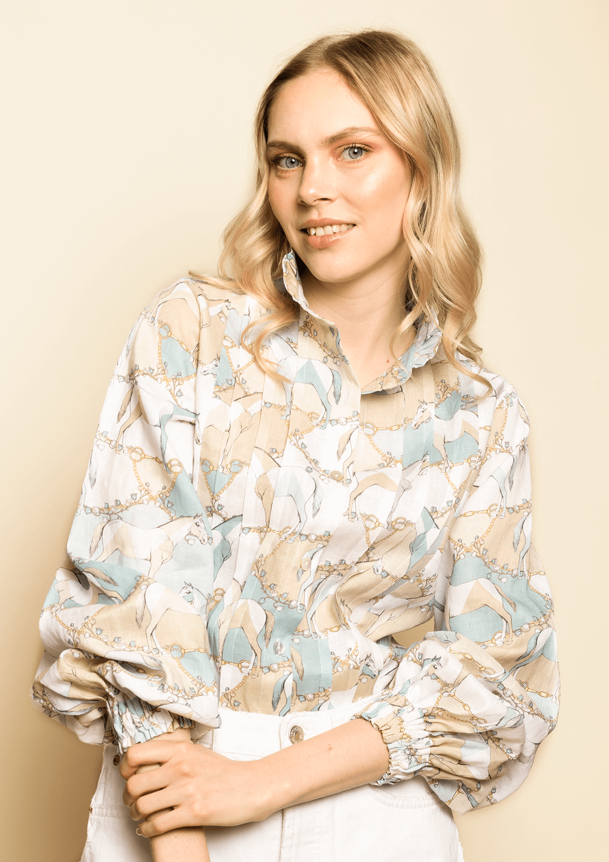 Calypso Linen Blouse | Geo Horses Print | Celeste