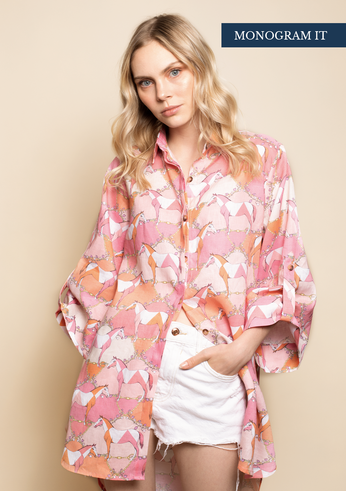 Magnolia Oversized Linen Shirt - Geo Horses Pink - Rönner