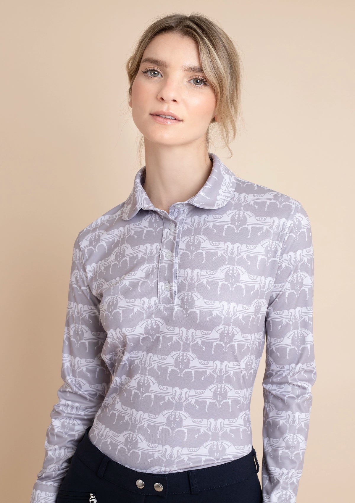 Noelia Classic Polo-Shirt | Long Sleeve Steed Print | Hazelwood