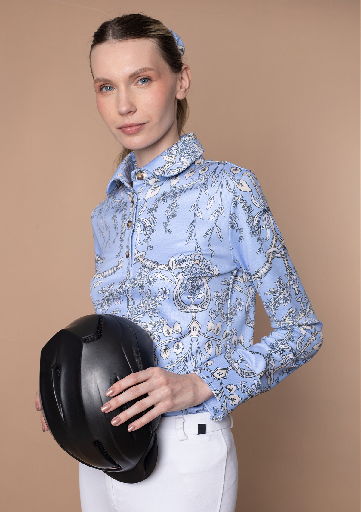 Noelia Classic Polo-Shirt Long Sleeve Equiflora Print | Powder - Rönner