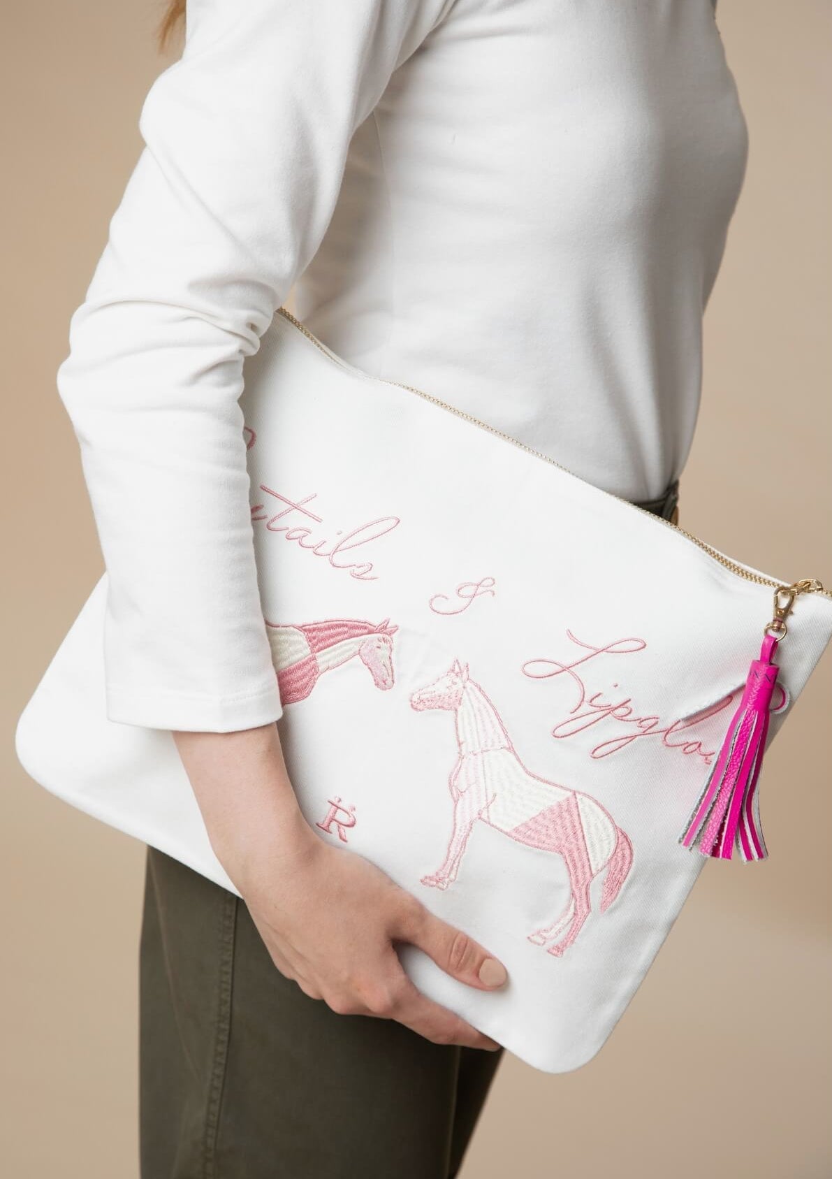 Ponytails Embroidered Pouch | Cream & Pink - RönnerPouchCream & Pink