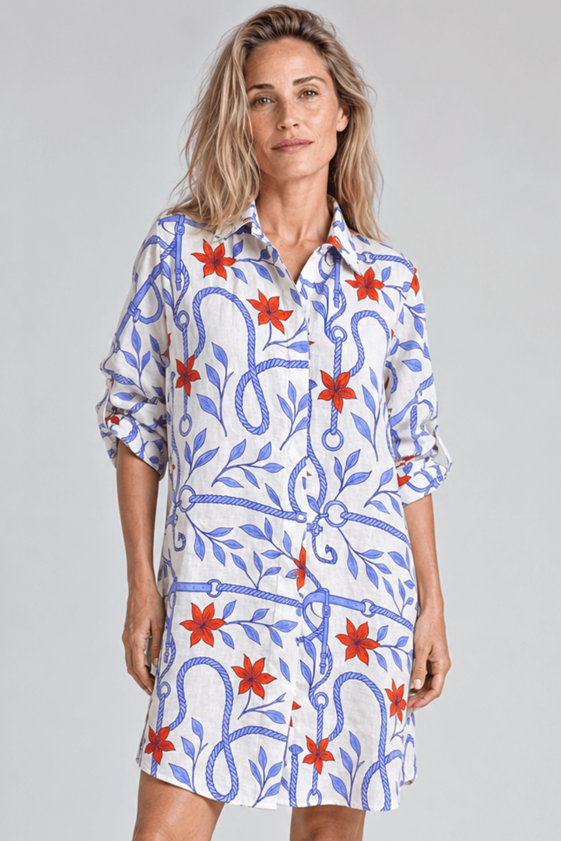 Seabreeze Oversized Linen Shirt | Regatta Print - Blue, white & red - RönnerBlouseXS