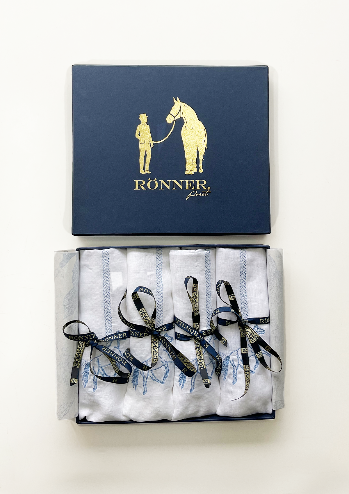 Embroidered Dinner Napkins Horses | Blue | Set of 4 - Rönner